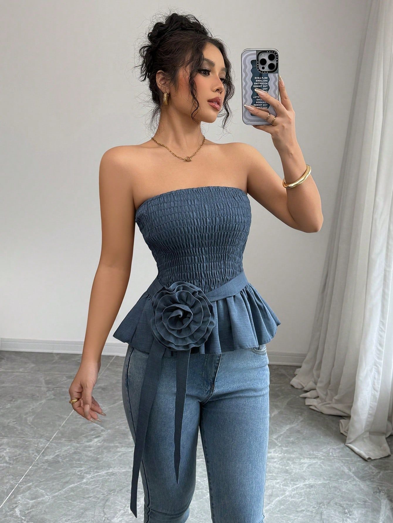 Women Bandeau Tank Top Sleeveless Slim Size Strapless Tube Top With Flower Belted