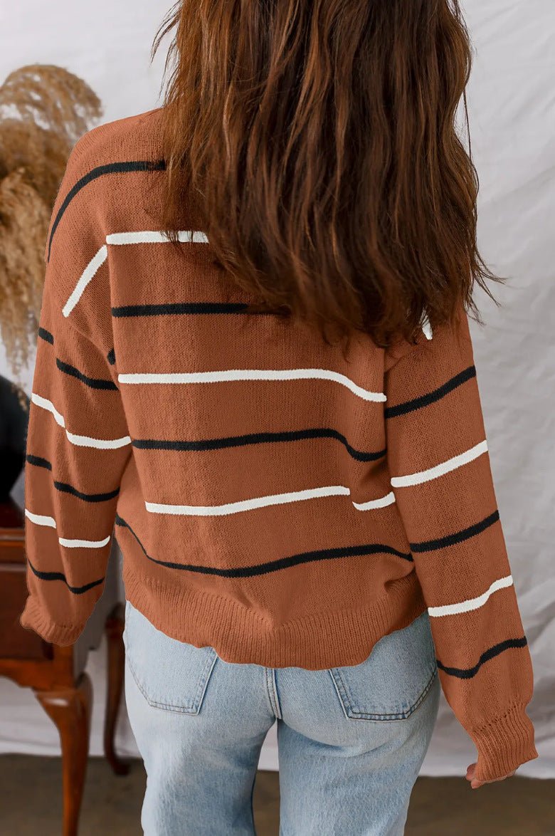 Women Stripped Crew Neck Drop Shoulder Sweater Oversize - handmadeknit