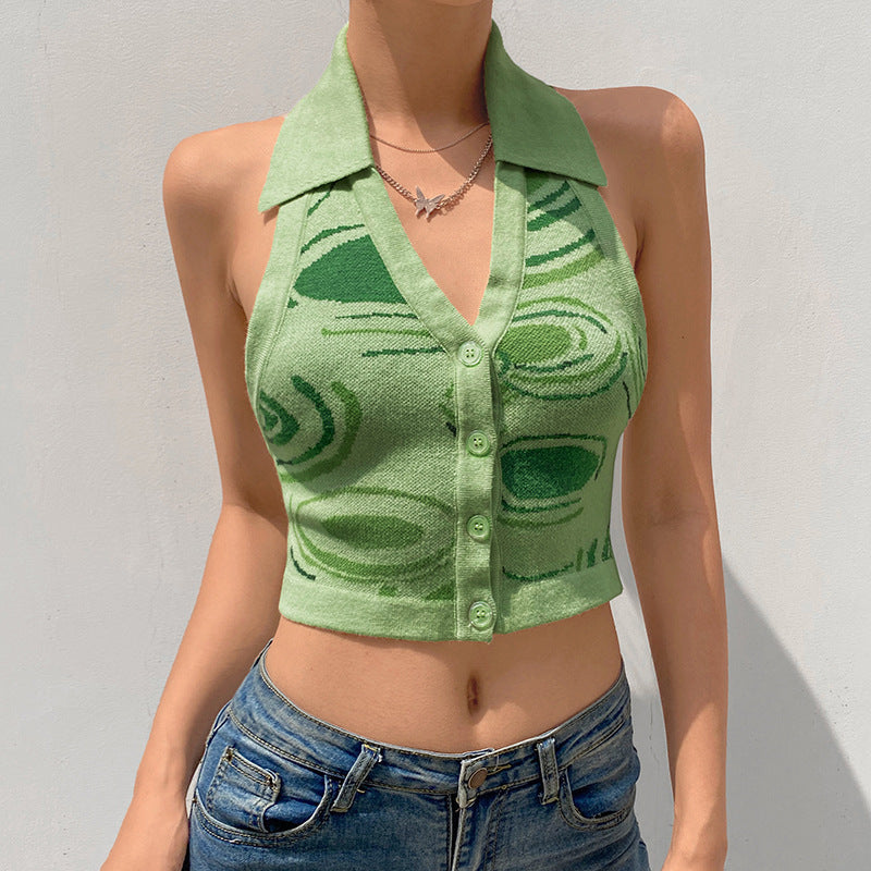 Women Button Down Knitted Vest Crop Slim Fit Sweater Tank Top V Neck