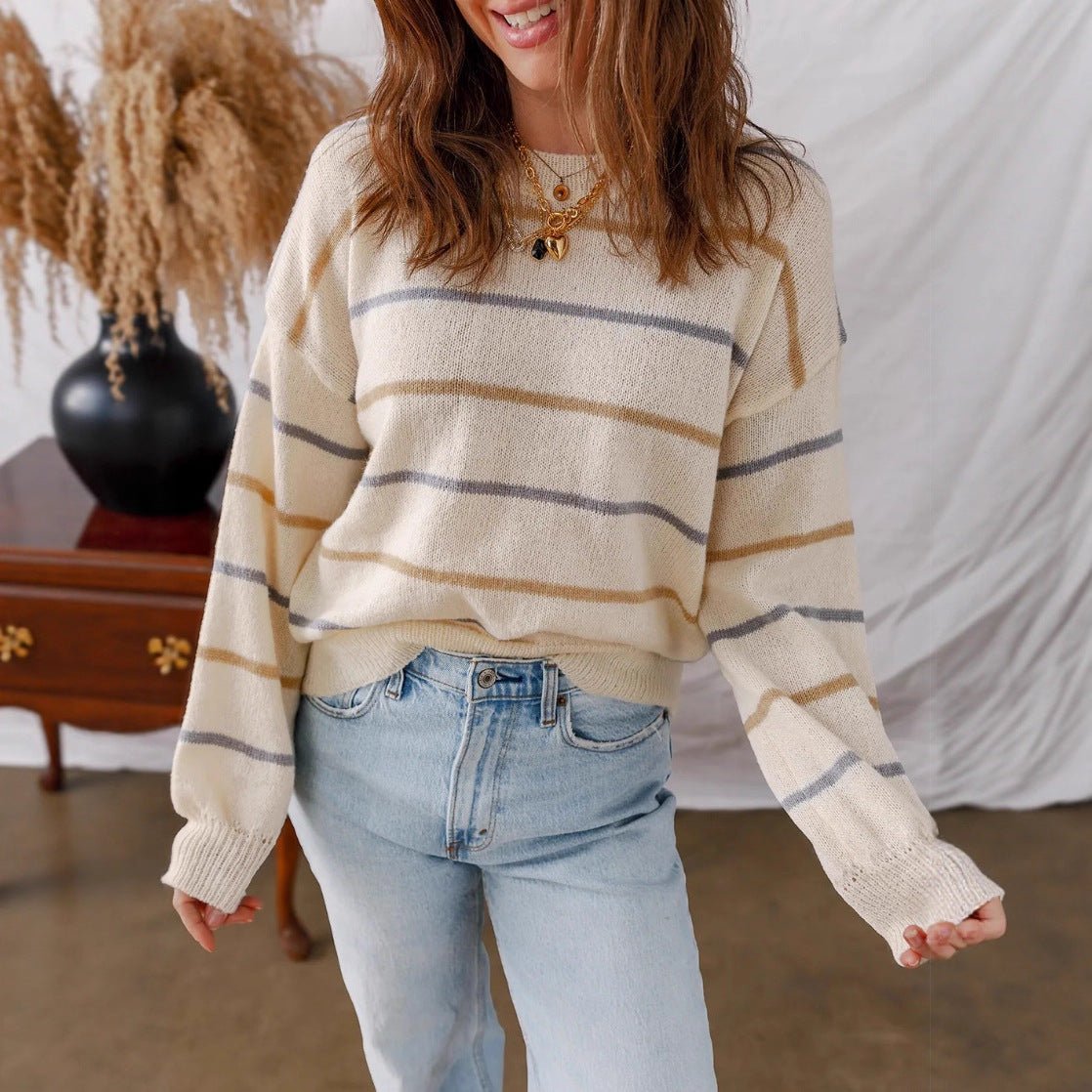 Women Stripped Crew Neck Drop Shoulder Sweater Oversize - handmadeknit