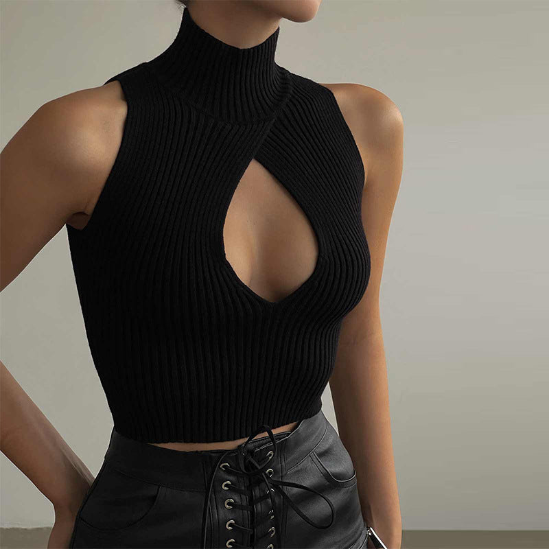 Women's Sleeveless knitted Crop Tank Top Stretchable Black Color - handmadeknit