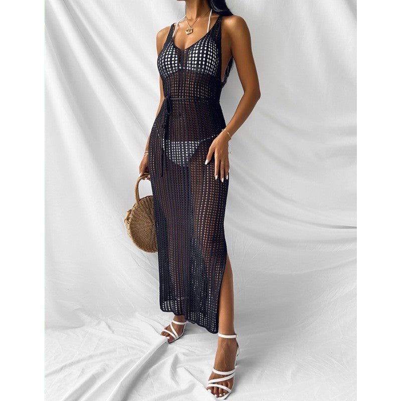 Knitted Beach Coverups Casual Dress for Women See Through Outfit with Side Slits and Open Back - handmadeknit