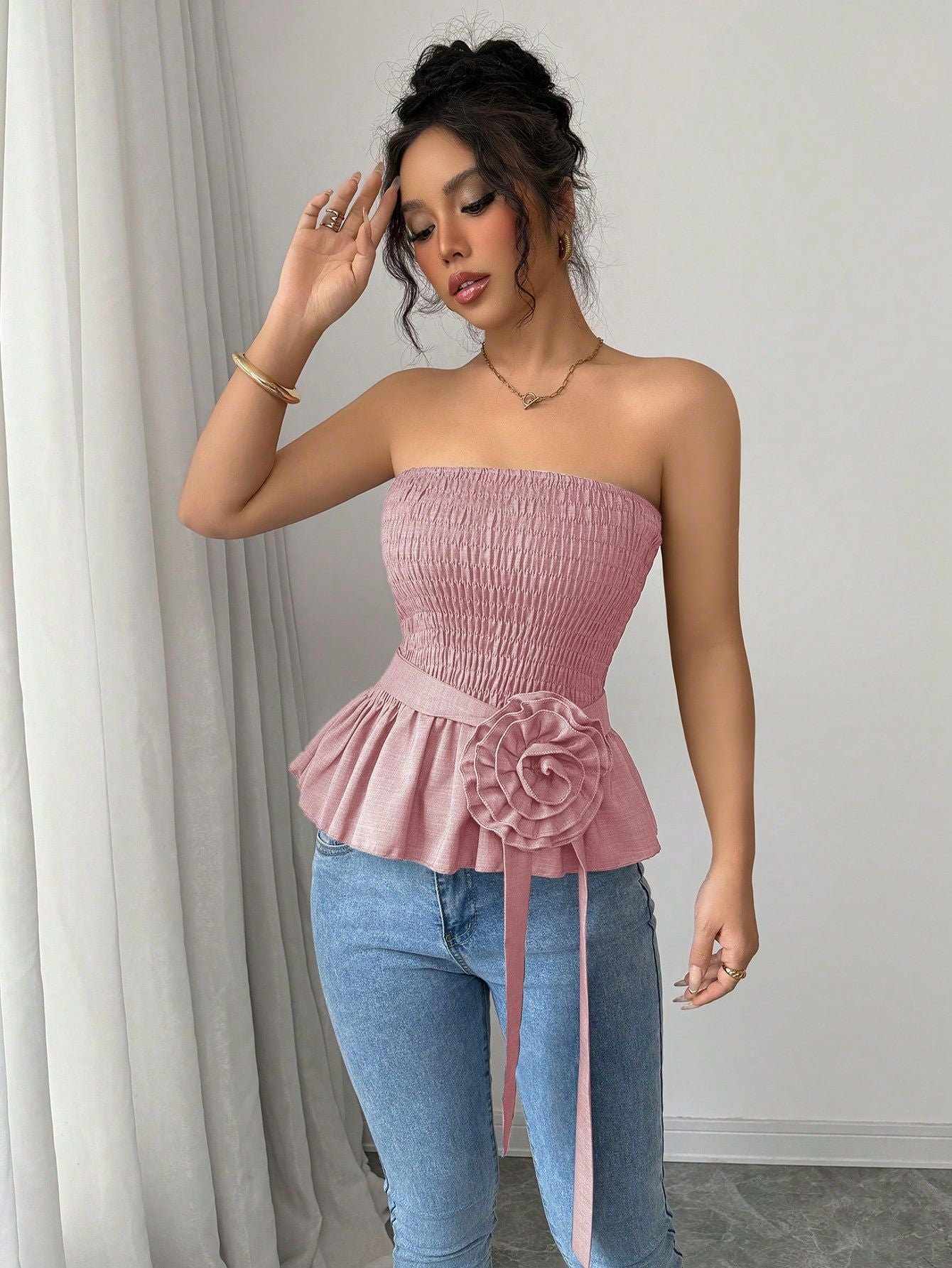 Women Bandeau Tank Top Sleeveless Slim Size Strapless Tube Top With Flower Belted