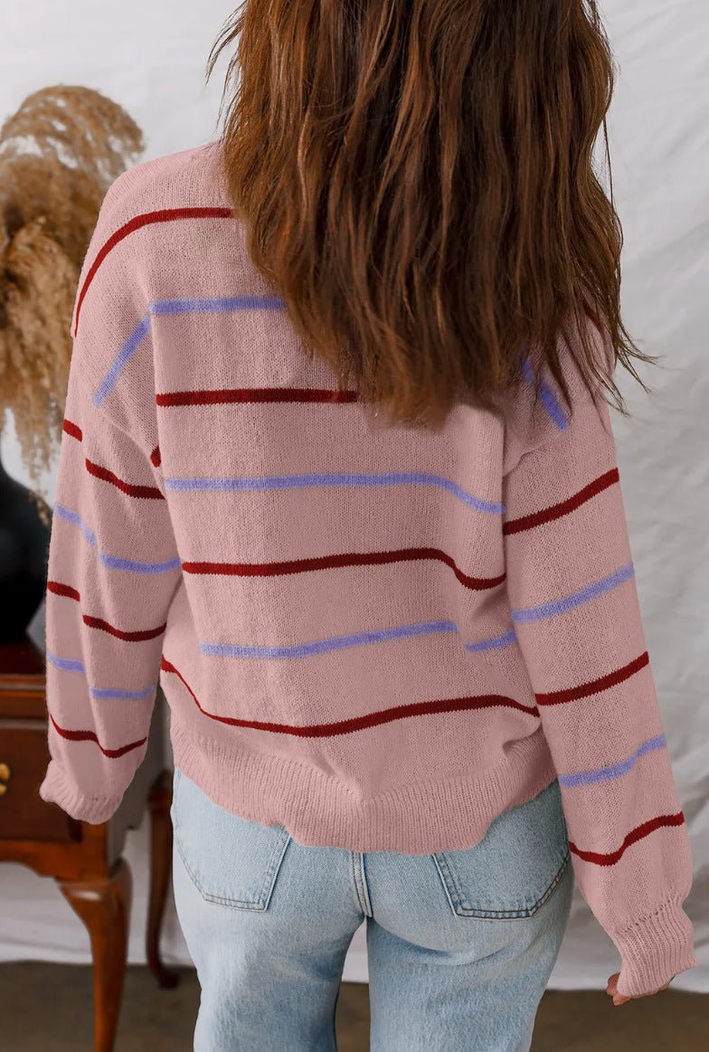Women Stripped Crew Neck Drop Shoulder Sweater Oversize - handmadeknit