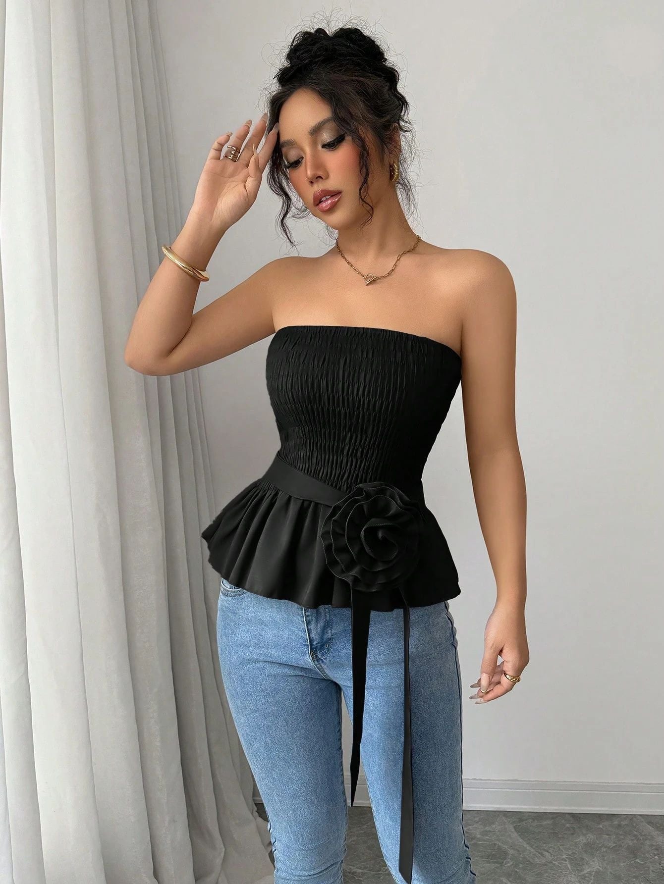 Women Bandeau Tank Top Sleeveless Slim Size Strapless Tube Top With Flower Belted