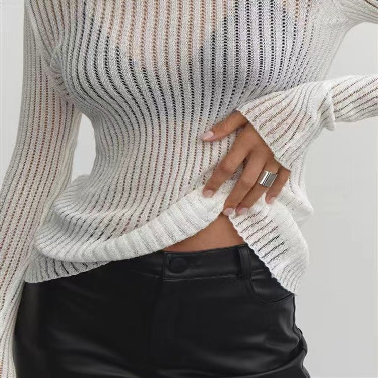 Knitting Neck Fitted Sweater Long Sleeves See Through T-Shirt Ribbed Knit Top for Women - handmadeknit