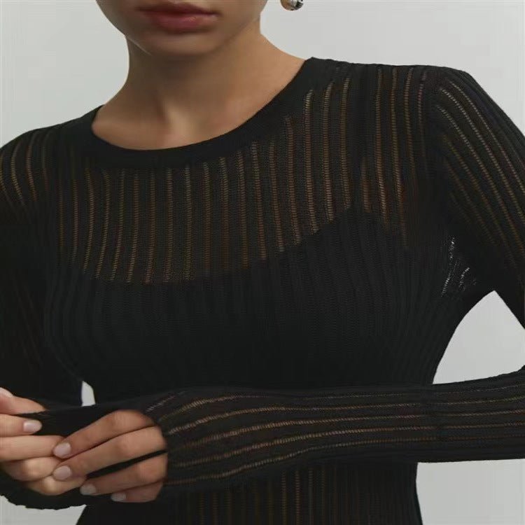 Knitting Neck Fitted Sweater Long Sleeves See Through T-Shirt Ribbed Knit Top for Women - handmadeknit