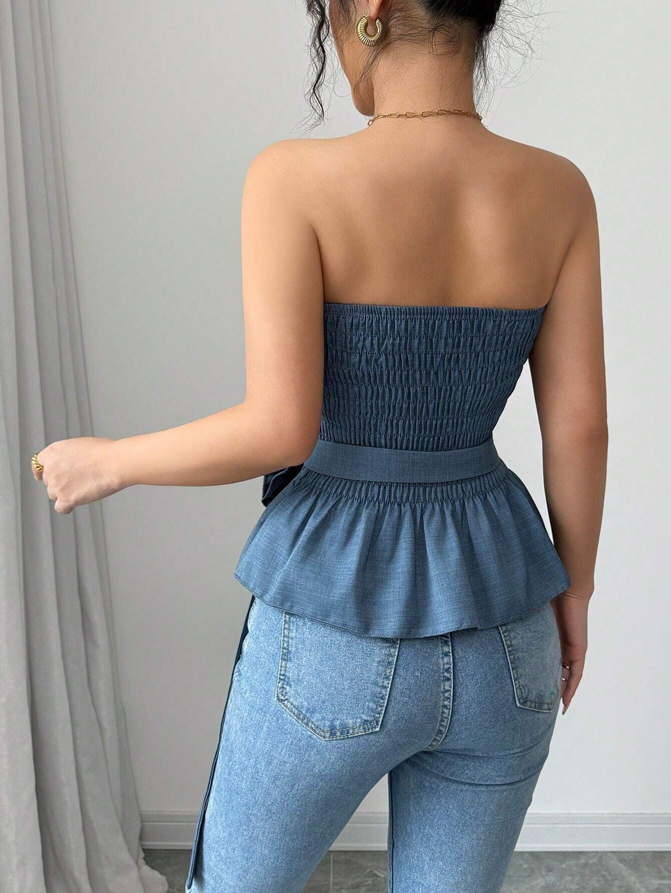 Women Bandeau Tank Top Sleeveless Slim Size Strapless Tube Top With Flower Belted