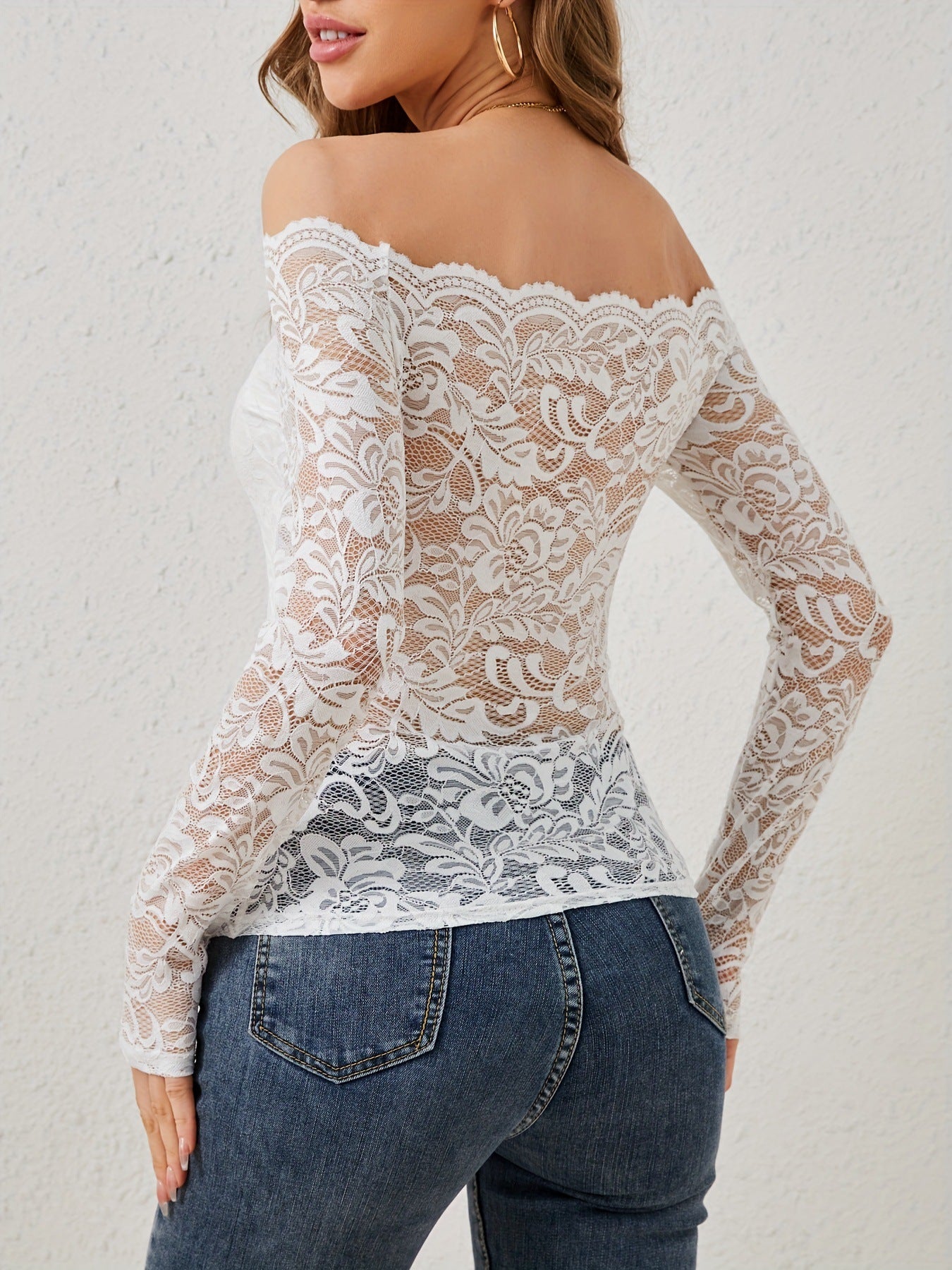 Women Off Shoulder Long Sleeve Lace Top Sexy Party Club Wear