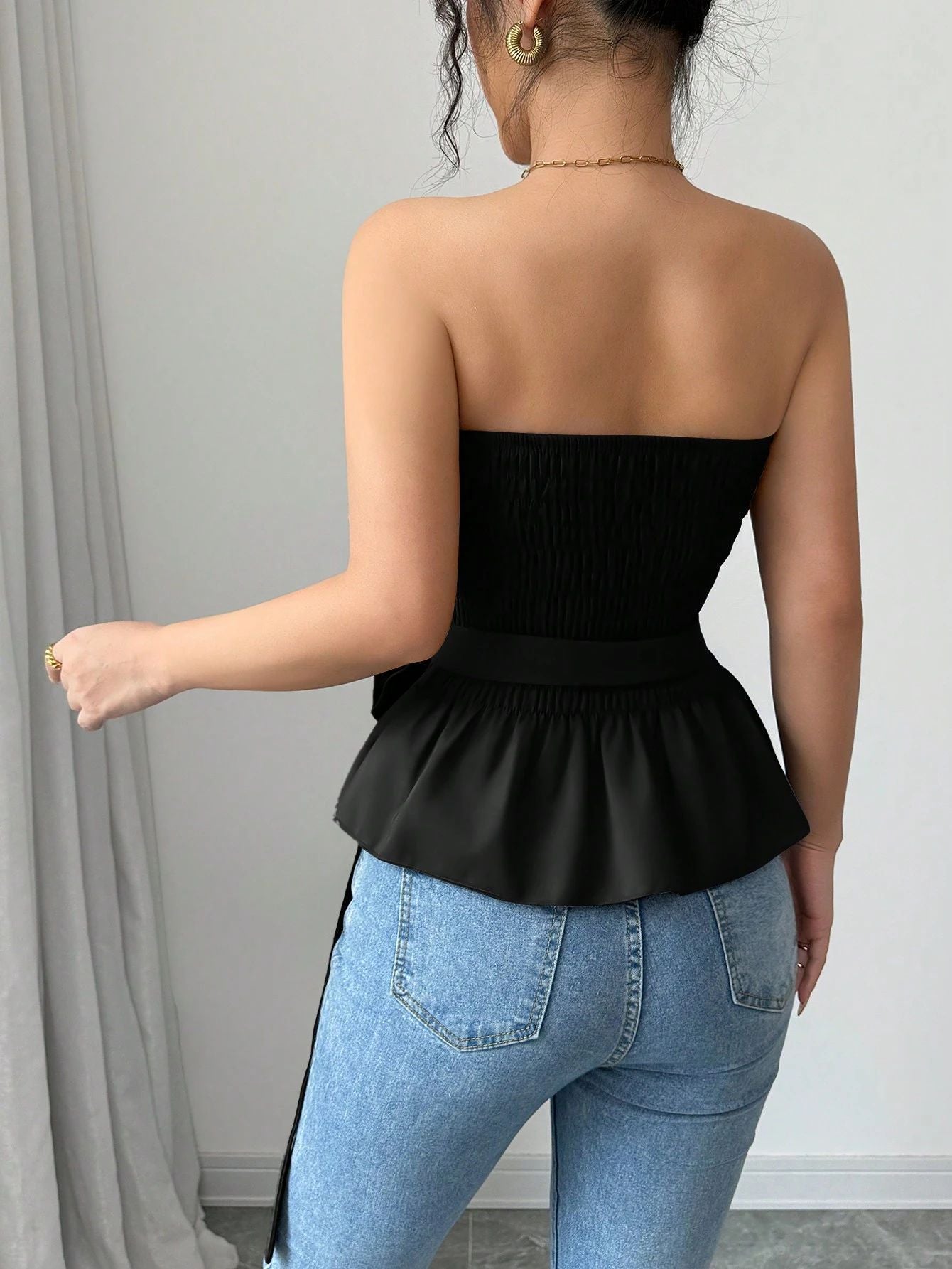 Women Bandeau Tank Top Sleeveless Slim Size Strapless Tube Top With Flower Belted