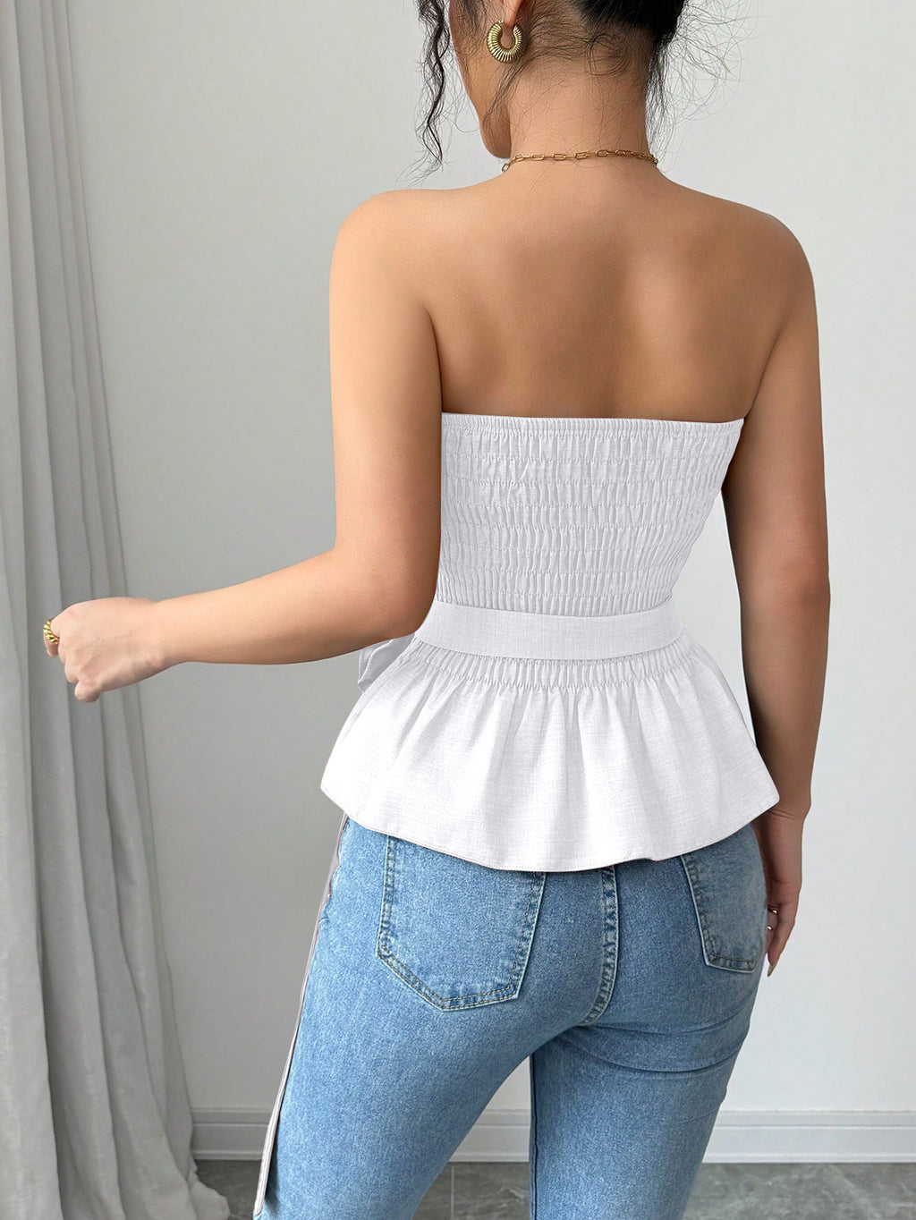 Women Bandeau Tank Top Sleeveless Slim Size Strapless Tube Top With Flower Belted