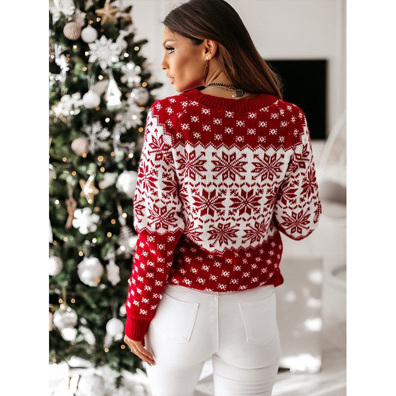Christmas Comfortable Knitting Women Sweater Red Crew Neck