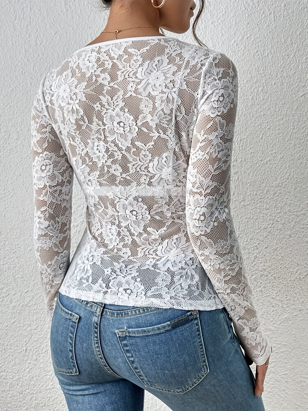 Women Black Long Sleeve V-Neck Lace See Through Sexy Tops Shirt