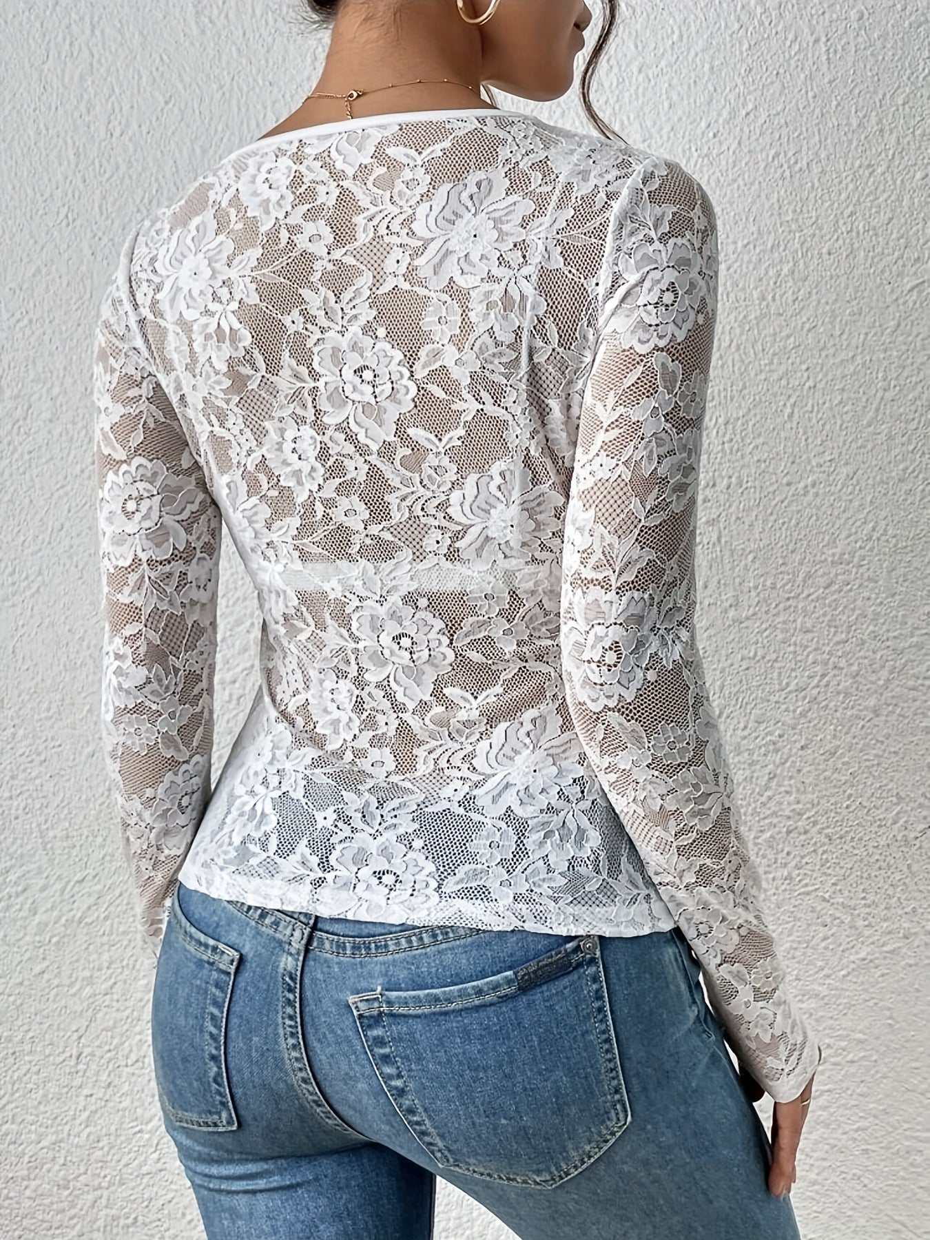 Women Black Long Sleeve V - Neck Lace See Through Sexy Tops Shirt - handmadeknit