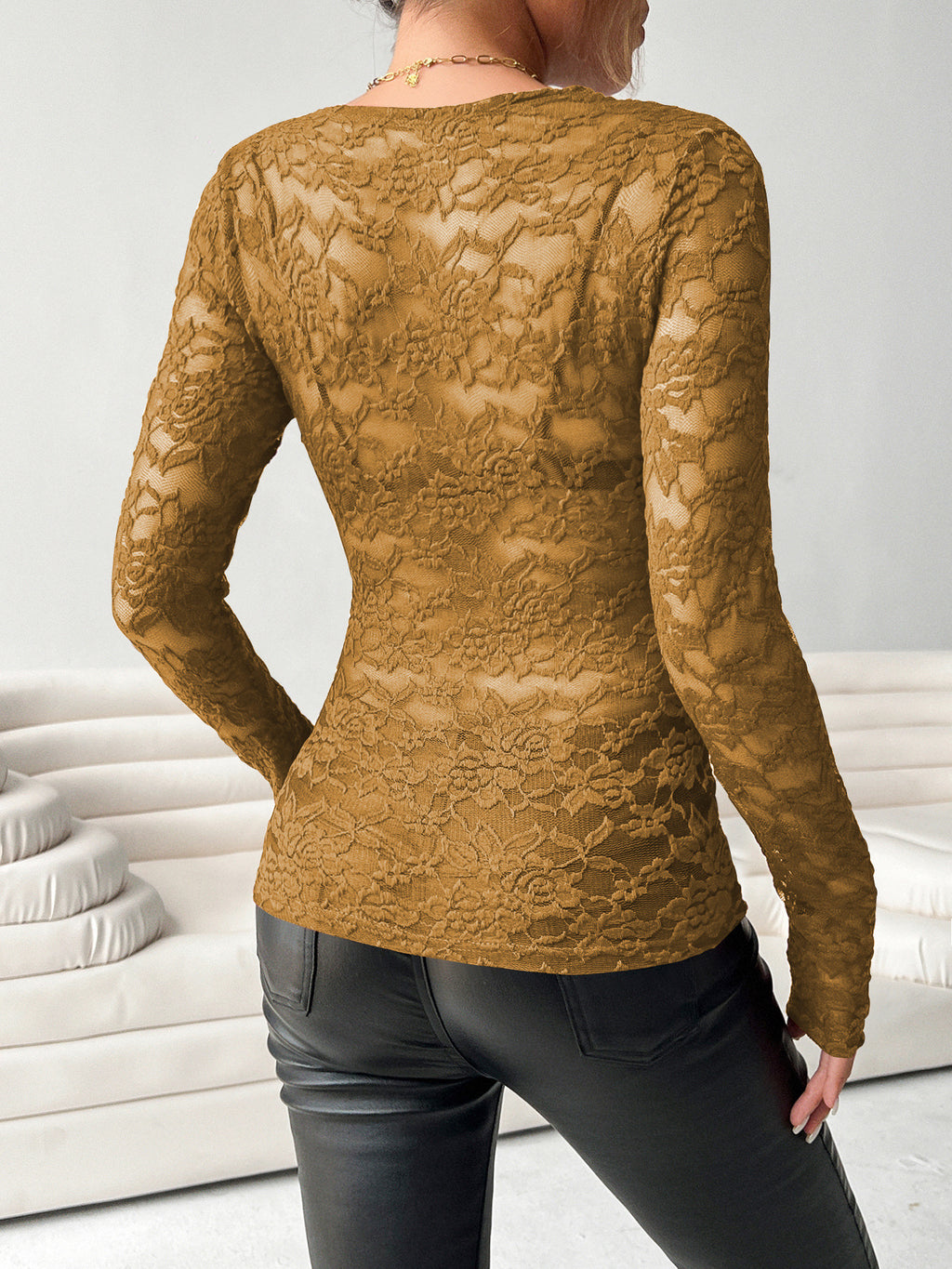 Gorgeous Women Black/White Lace Deep V-Neck Top Long Sleeve Bodysuit