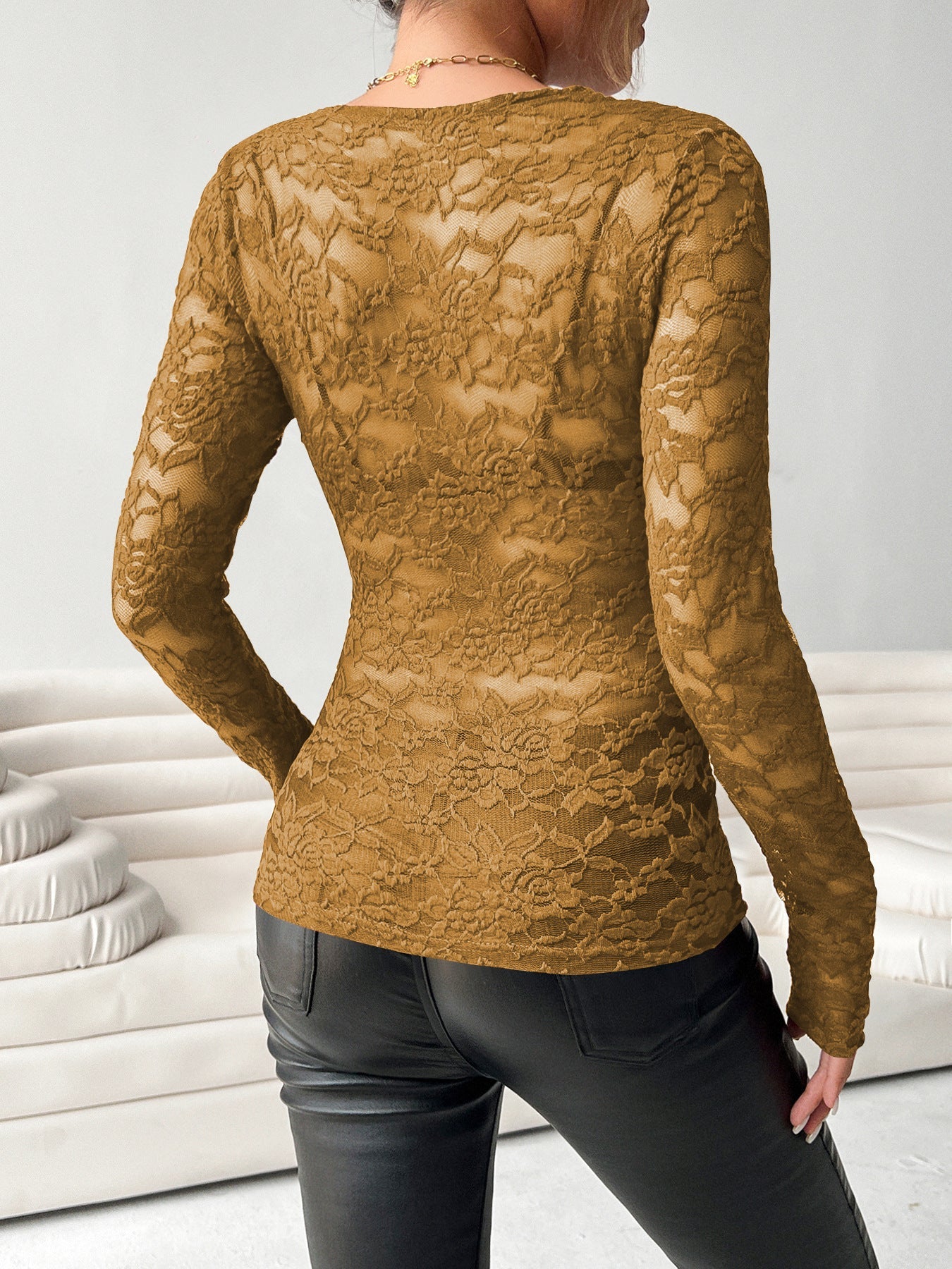 Gorgeous Women Black/White Lace Deep V - Neck Top Long Sleeve Bodysuit - handmadeknit