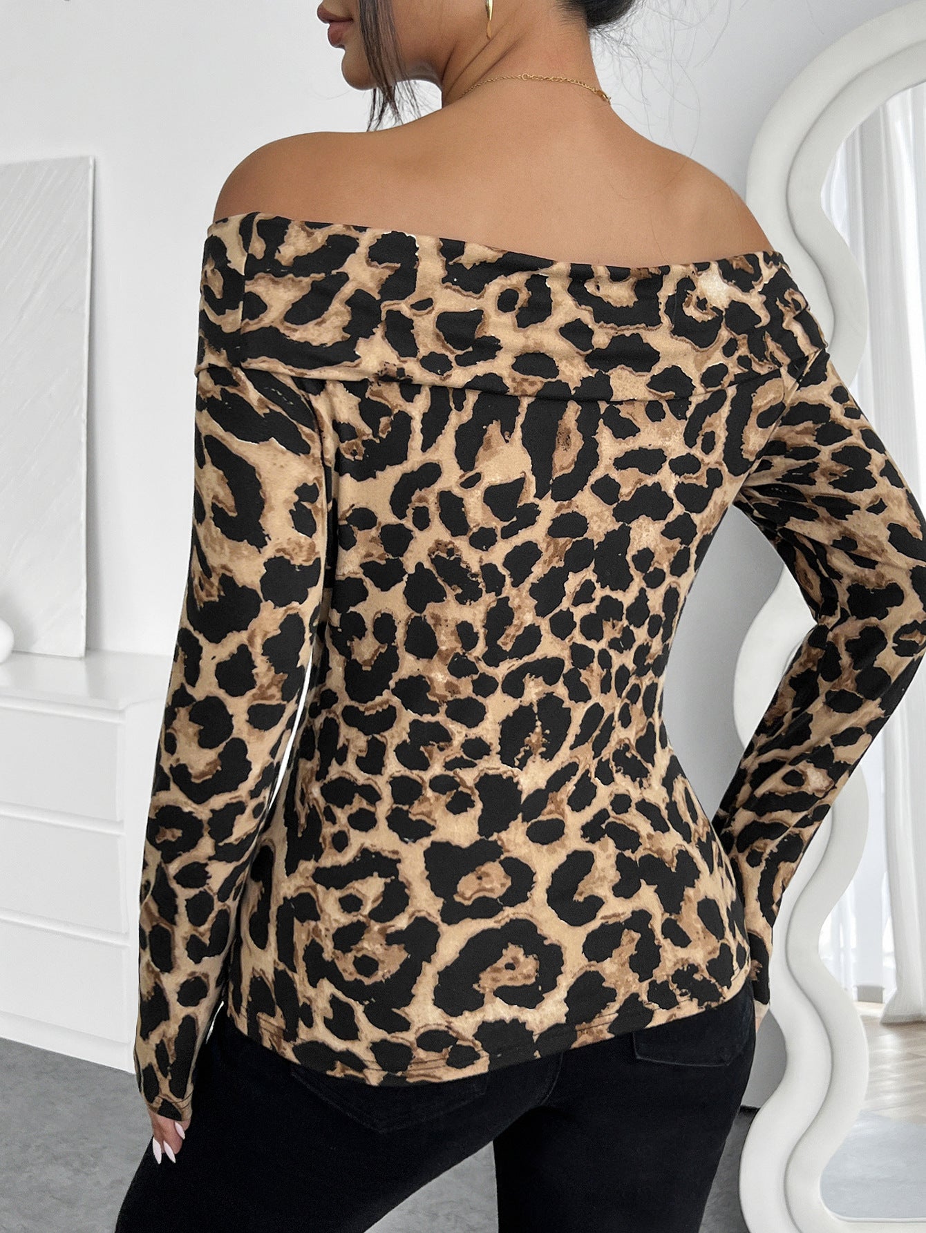Women's Dressy Tops Leopard Off Shoulder Long Sleeve Slim Fit Tops - handmadeknit