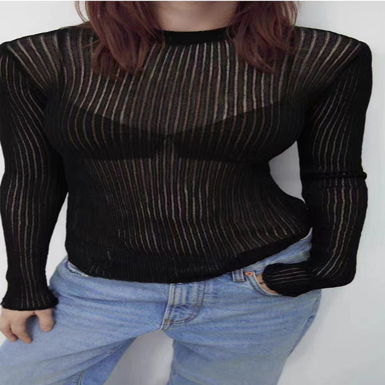 Knitting Neck Fitted Sweater Long Sleeves See Through T-Shirt Ribbed Knit Top for Women - handmadeknit