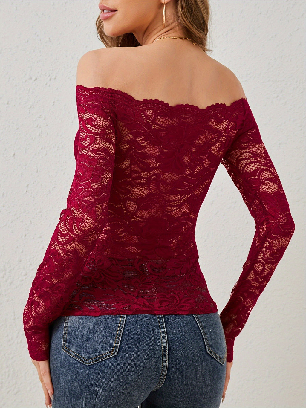 Women Off Shoulder Long Sleeve Lace Top Sexy Party Club Wear