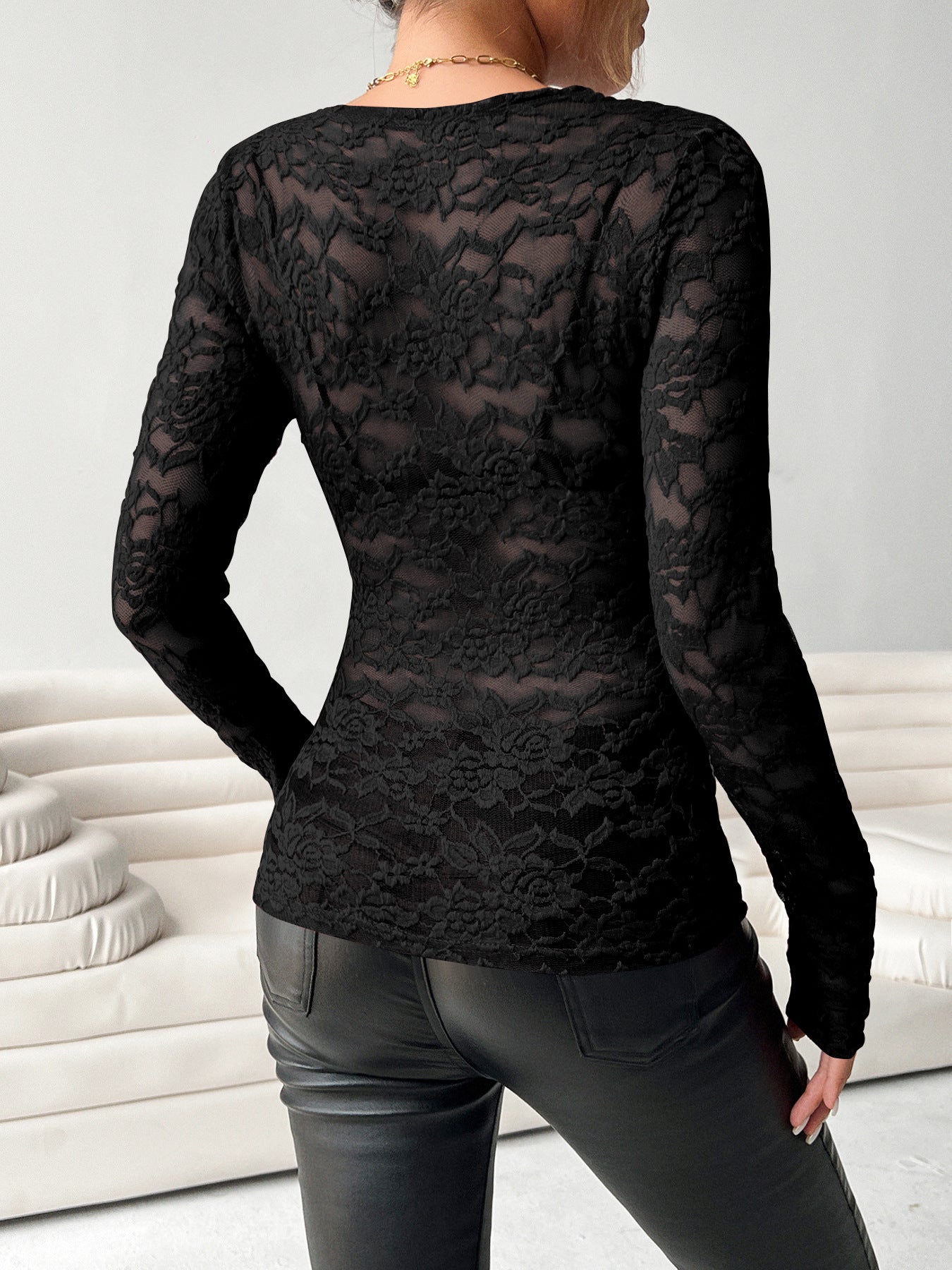 Gorgeous Women Black/White Lace Deep V - Neck Top Long Sleeve Bodysuit - handmadeknit