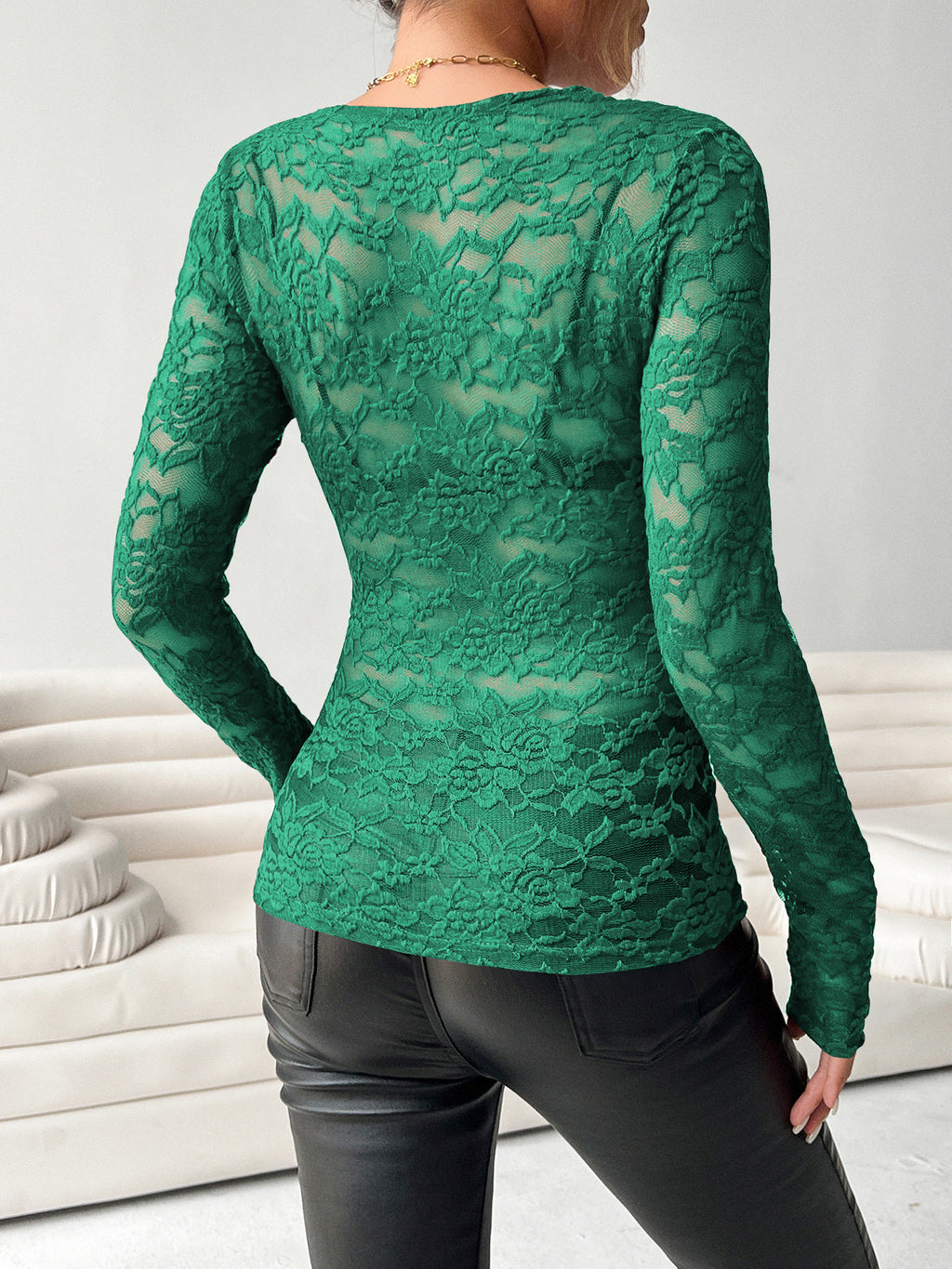 Gorgeous Women Black/White Lace Deep V-Neck Top Long Sleeve Bodysuit