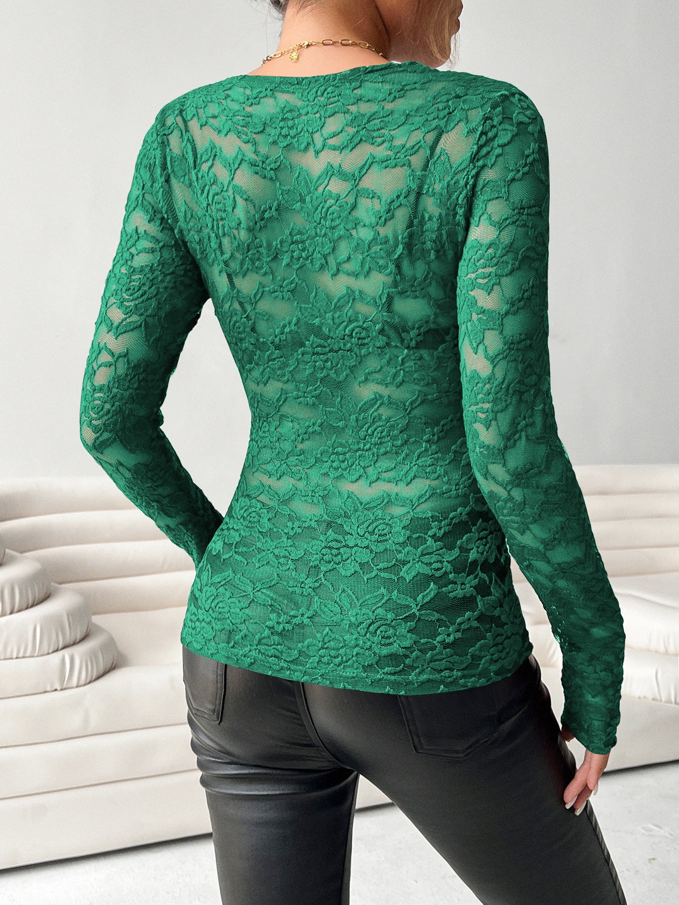 Gorgeous Women Black/White Lace Deep V - Neck Top Long Sleeve Bodysuit - handmadeknit