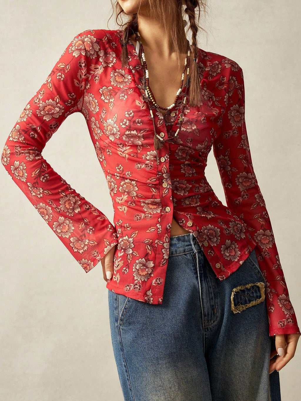Women Long Sleeve Blouse Vacation Outfit V-Neck