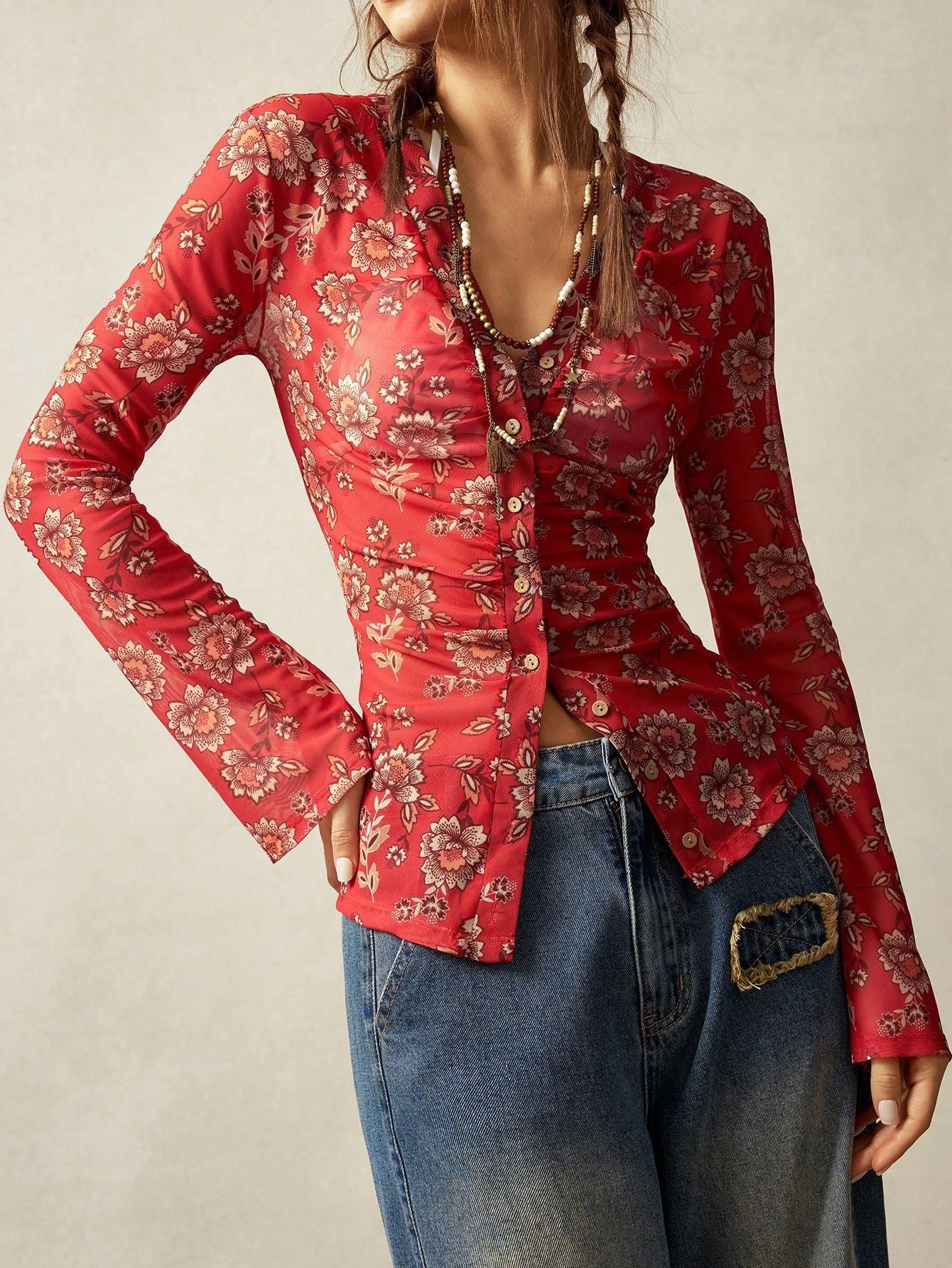 Women Long Sleeve Blouse Vacation Outfit V - Neck - handmadeknit