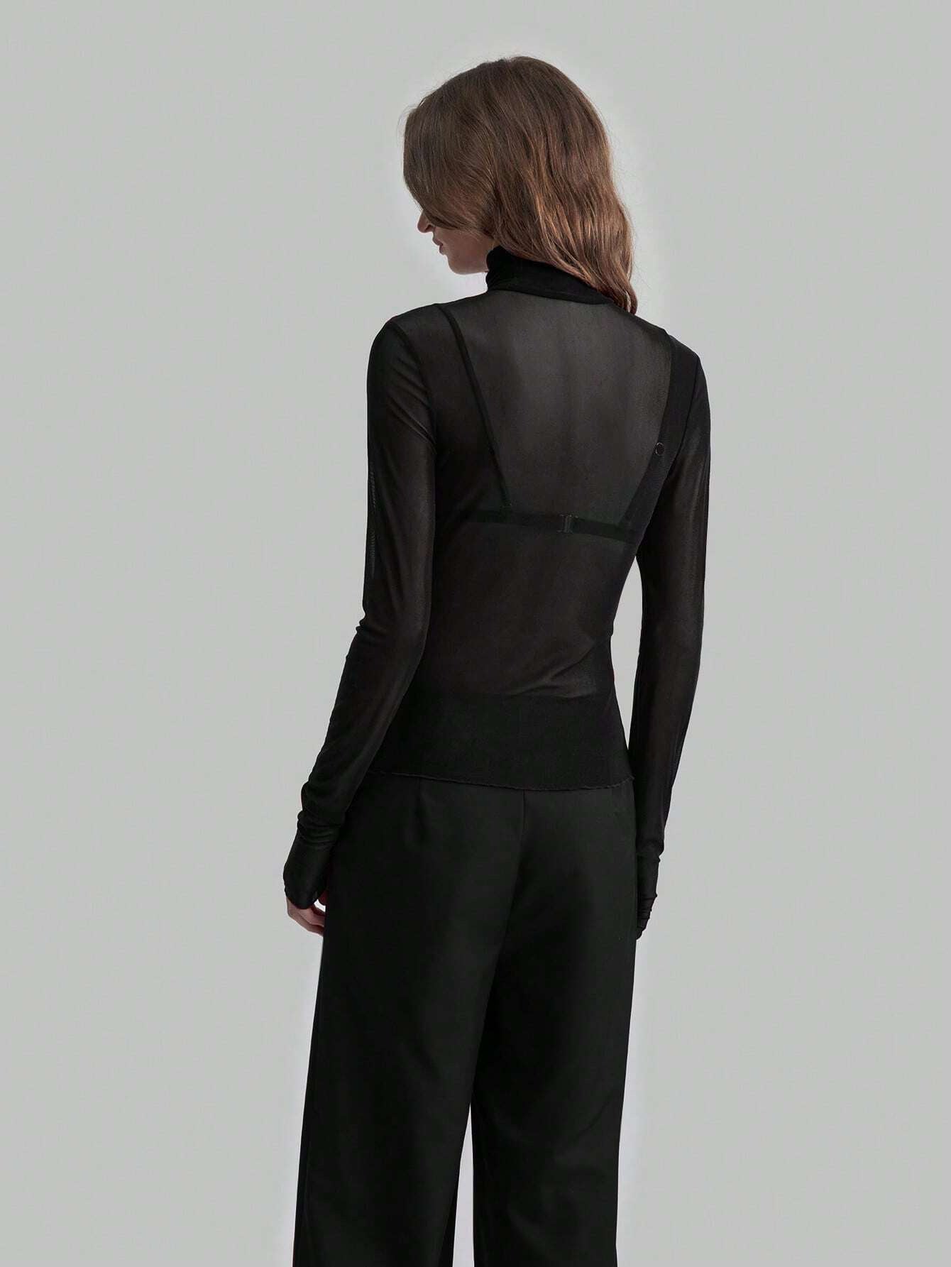 Women's Sheer Turtleneck Long Sleeve T Shirt Slim Fitted Solid Black Red Blue Color - handmadeknit