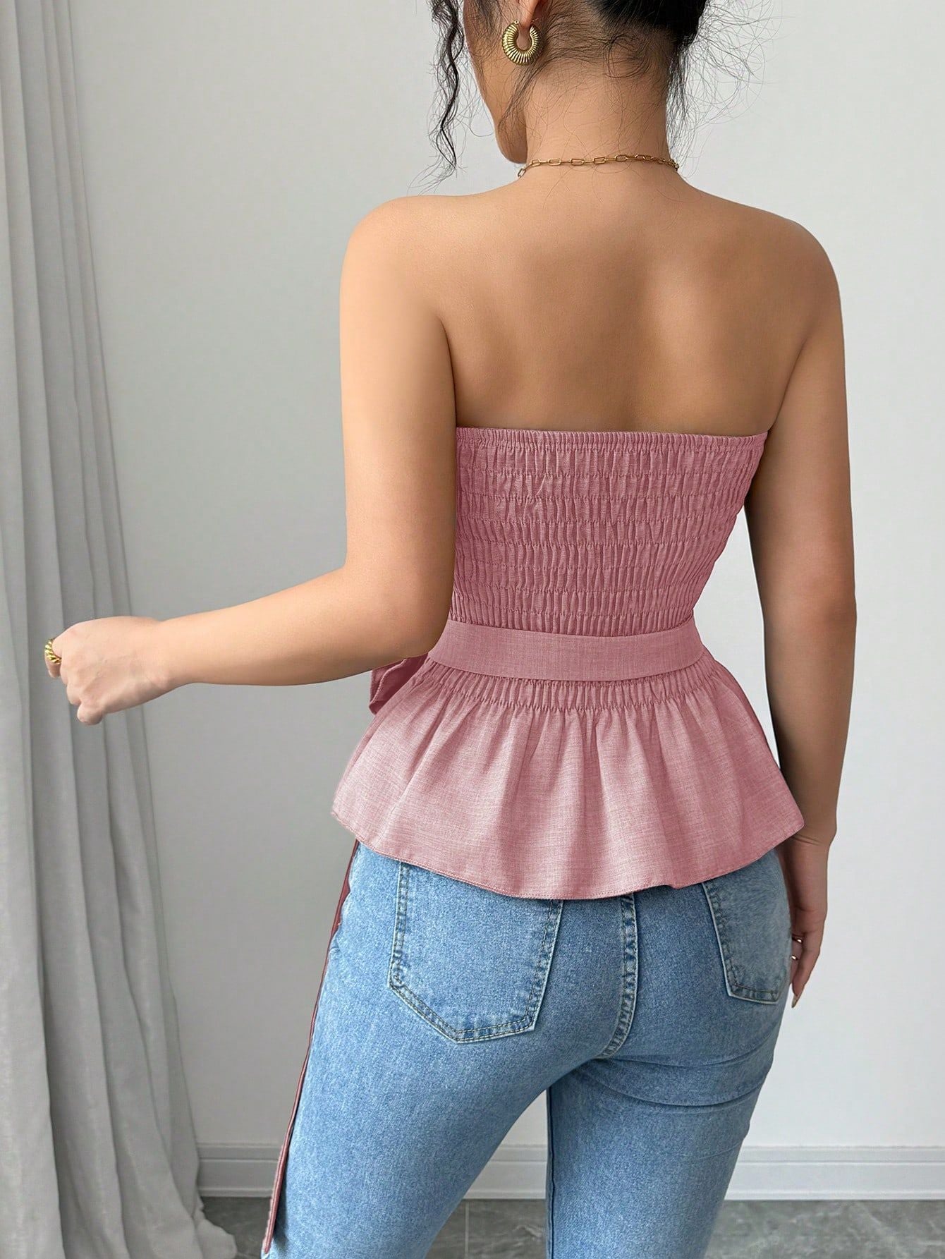 Women Bandeau Tank Top Sleeveless Slim Size Strapless Tube Top With Flower Belted - handmadeknit