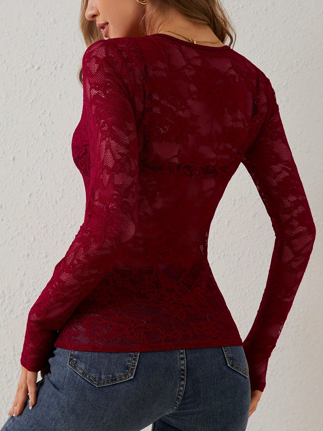 Women Black Long Sleeve V - Neck Lace See Through Sexy Tops Shirt - handmadeknit