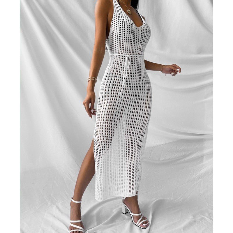 Knitted Beach Coverups Casual Dress for Women See Through Outfit with Side Slits and Open Back - handmadeknit
