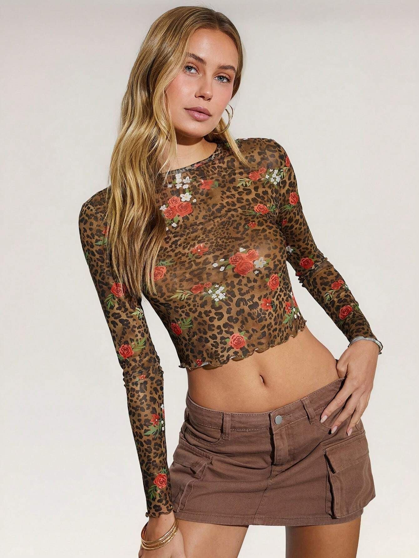 Women Long Sleeve Floral Leopard Crop Top
