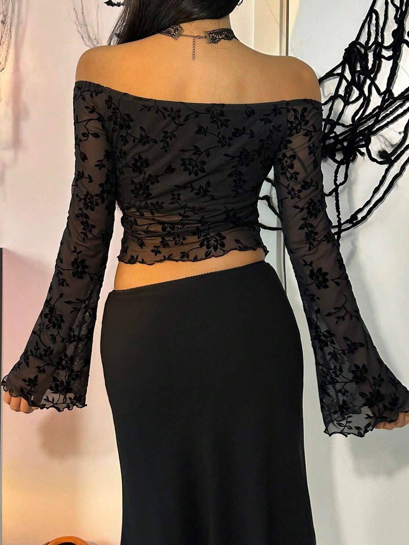 Elegant Women Black Lace Off-Shoulder Mesh Tops Long Sleeve T-shirt