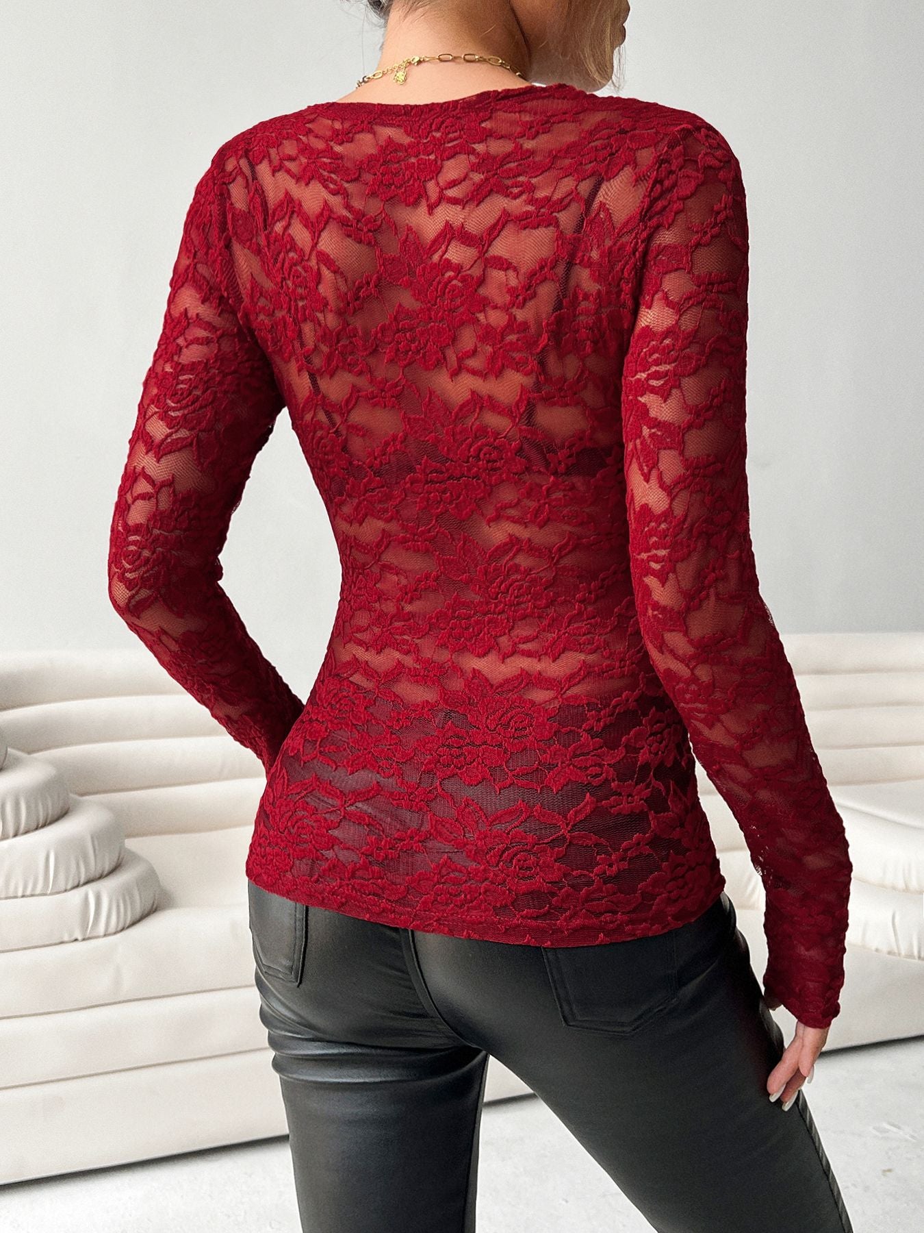 Gorgeous Women Black/White Lace Deep V - Neck Top Long Sleeve Bodysuit - handmadeknit