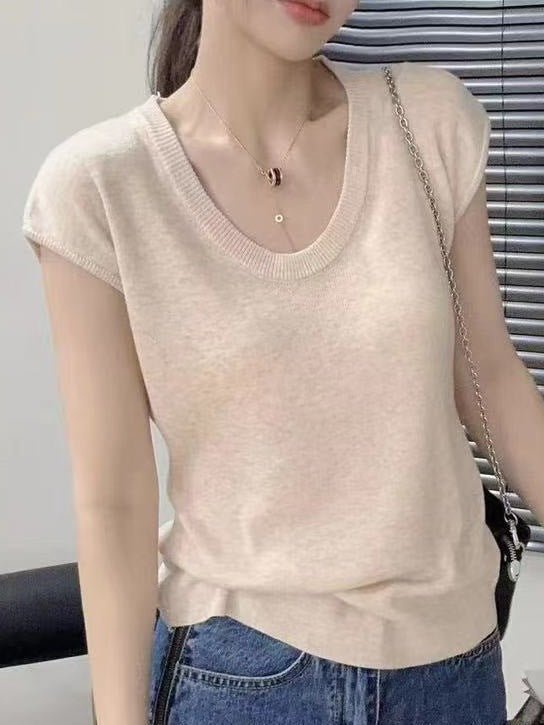 Women's Short Sleeve Knit Top Scoop Neck T-Shirt - handmadeknit