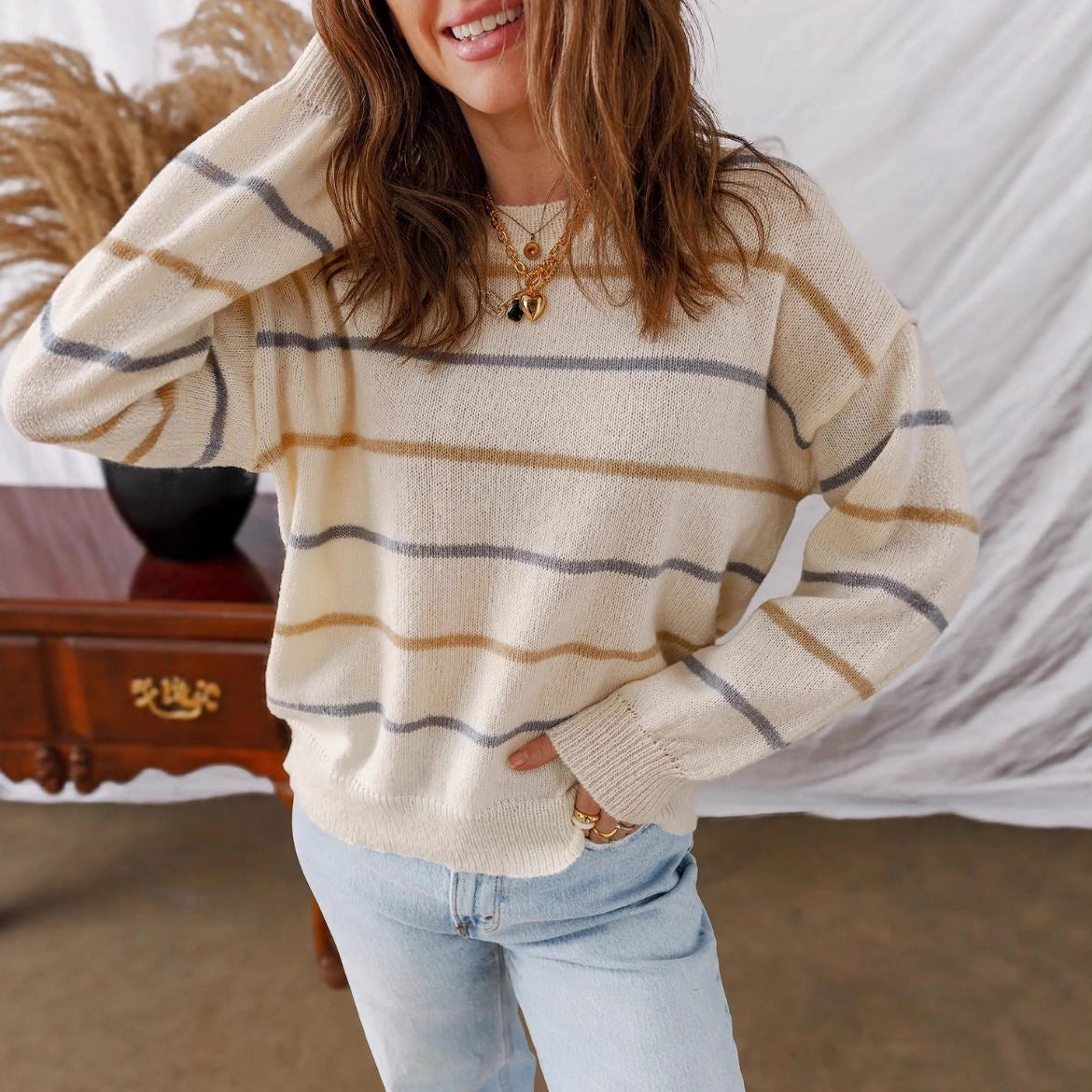 Women Stripped Crew Neck Drop Shoulder Sweater Oversize