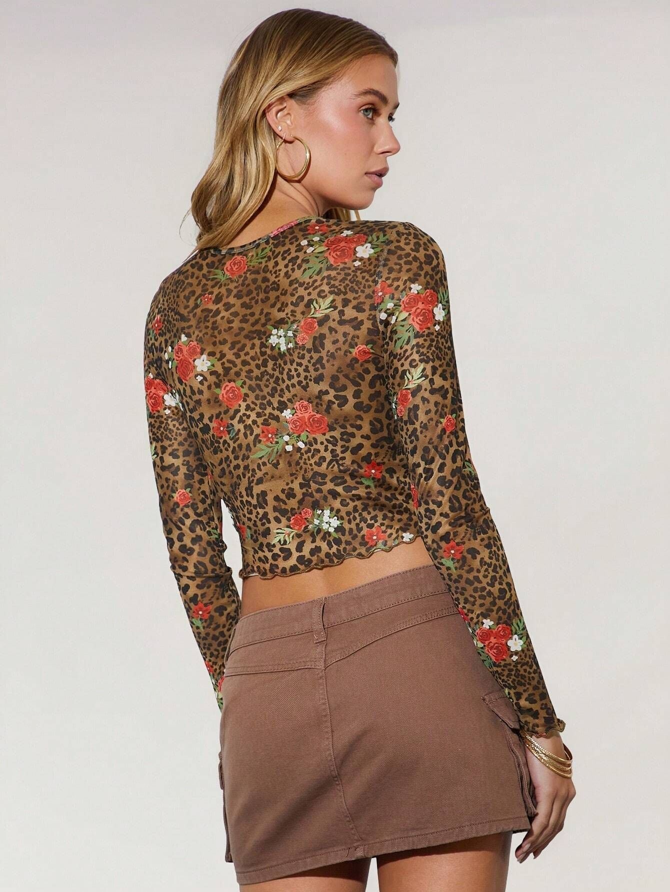 Women Long Sleeve Floral Leopard Crop Top
