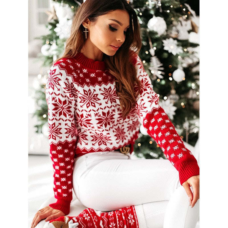 Christmas Comfortable Knitting Women Sweater Red Crew Neck