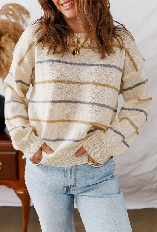 Women Stripped Crew Neck Drop Shoulder Sweater Oversize - handmadeknit