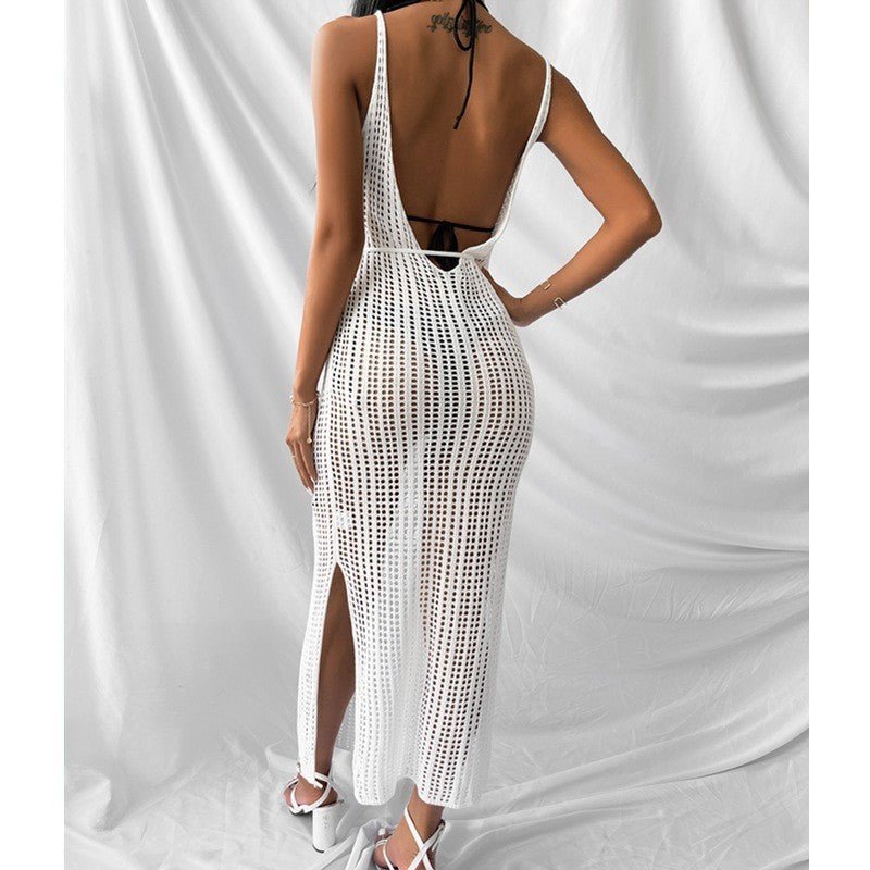Knitted Beach Coverups Casual Dress for Women See Through Outfit with Side Slits and Open Back - handmadeknit