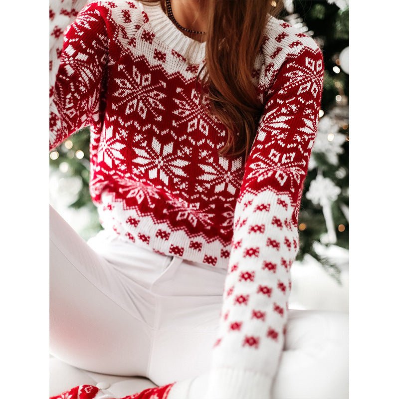 Christmas Comfortable Knitting Women Sweater Red Crew Neck - handmadeknit