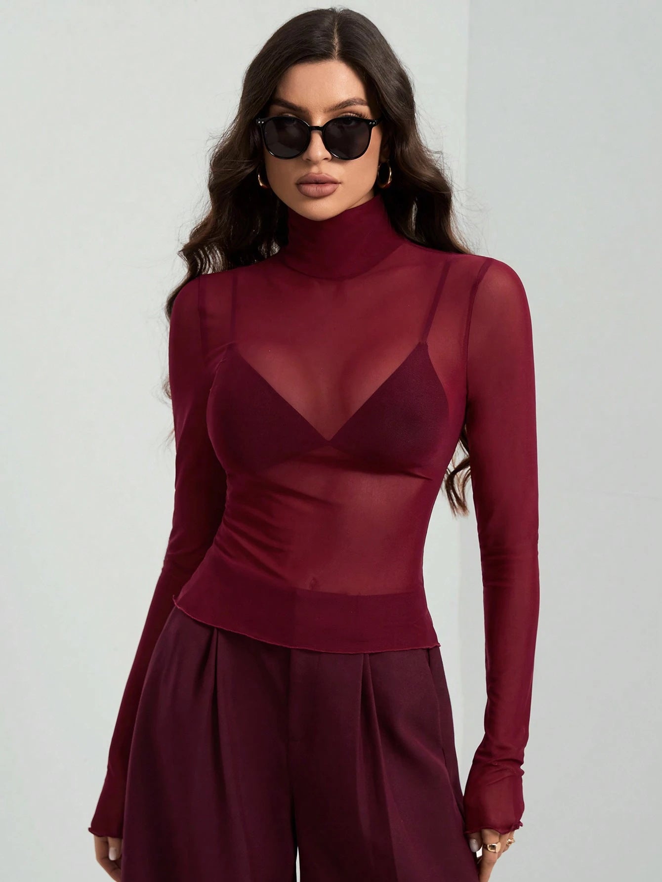 Women's Sheer Turtleneck Long Sleeve T Shirt Slim Fitted Solid Black Red Blue Color - handmadeknit