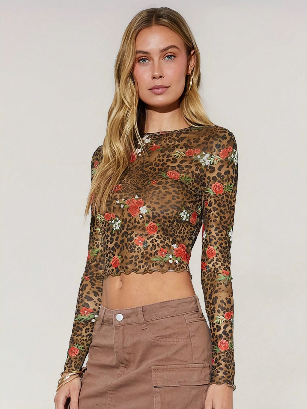 Women Long Sleeve Floral Leopard Crop Top