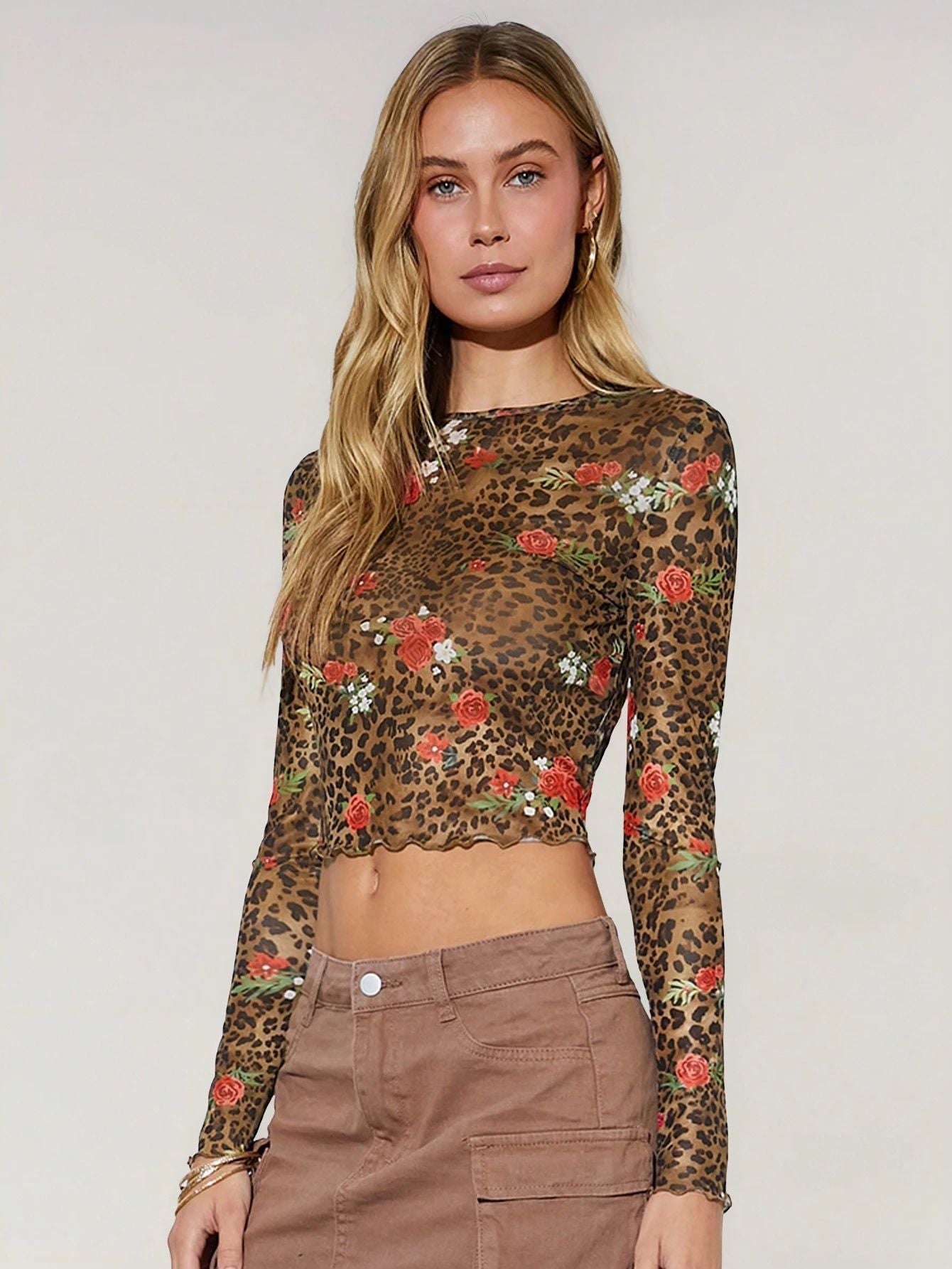 Women Long Sleeve Floral Leopard Crop Top