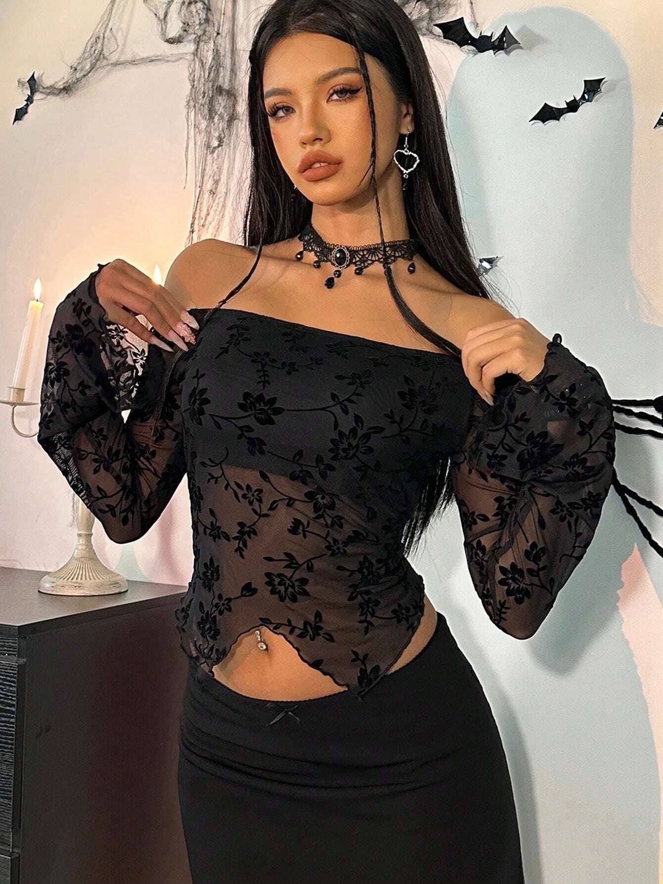 Elegant Women Black Lace Off-Shoulder Mesh Tops Long Sleeve T-shirt