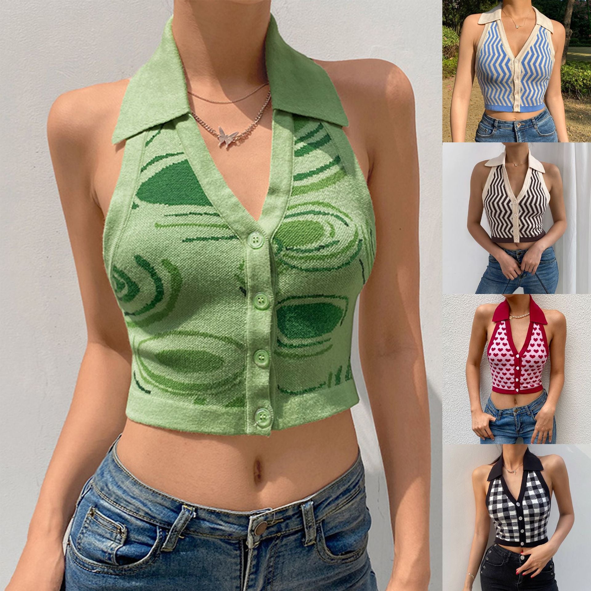 Women Button Down Knitted Vest Crop Slim Fit Sweater Tank Top V Neck