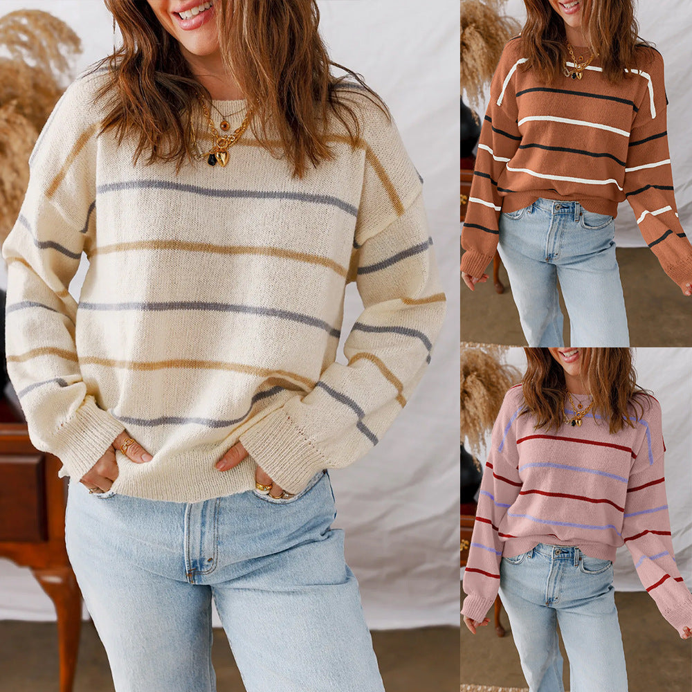 Women Stripped Crew Neck Drop Shoulder Sweater Oversize