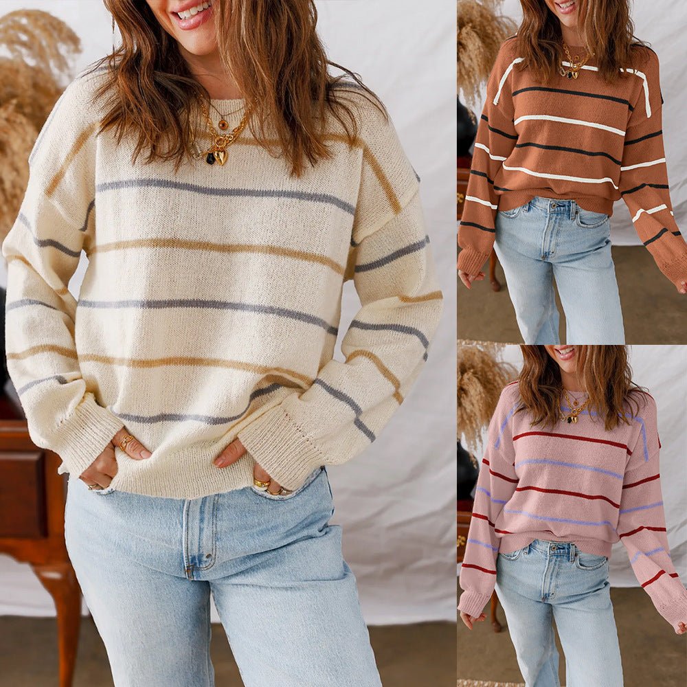 Women Stripped Crew Neck Drop Shoulder Sweater Oversize - handmadeknit
