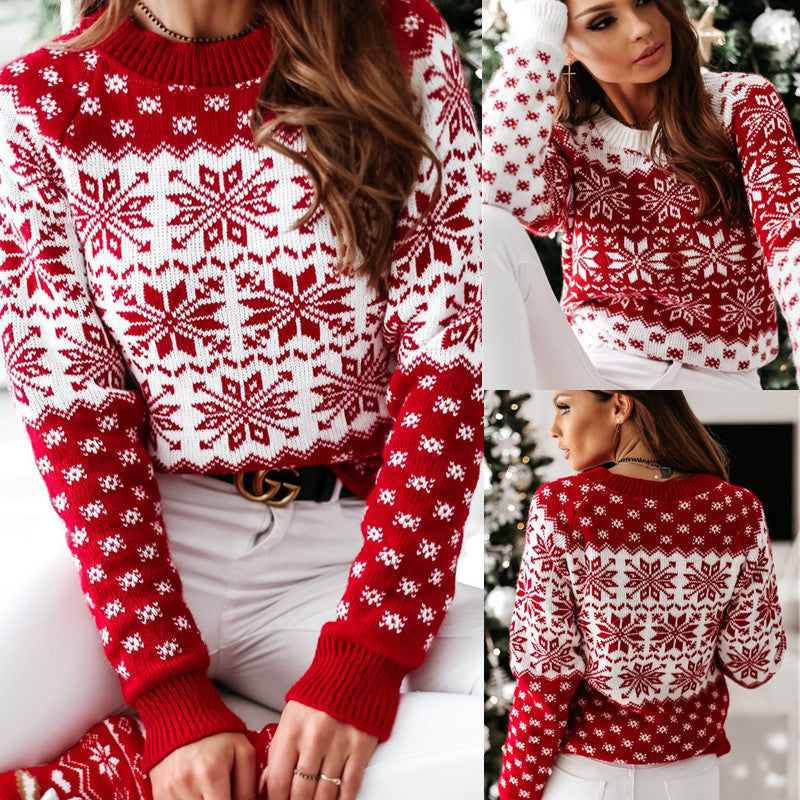 Christmas Comfortable Knitting Women Sweater Red Crew Neck